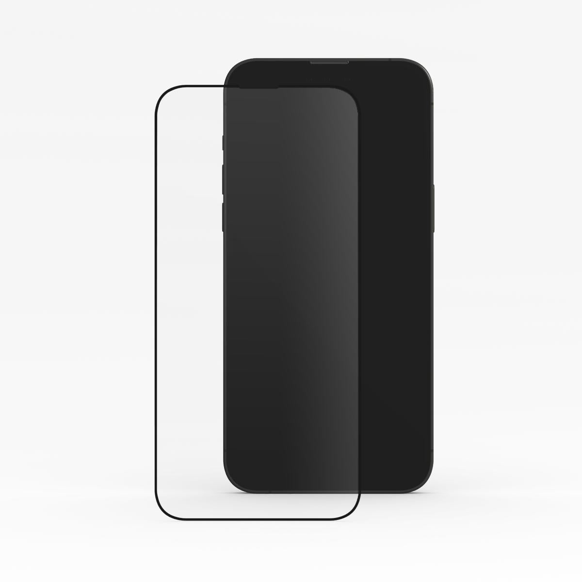Screen protector for Apple iPhone and Samsung Galaxy in front of a blank phone screen.