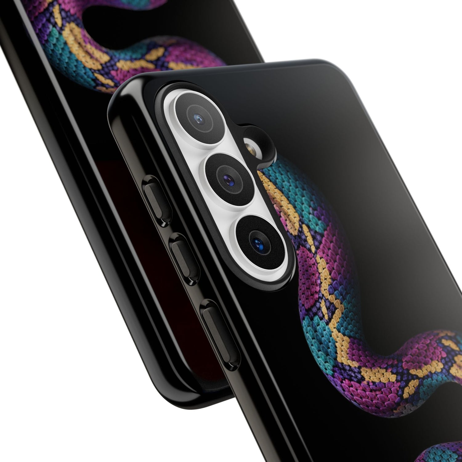 Samsung Galaxy S26 displaying a hny. Flux magnetic phone case featuring Rippling vertical stripes in magentas, violets, teals and golden yellows